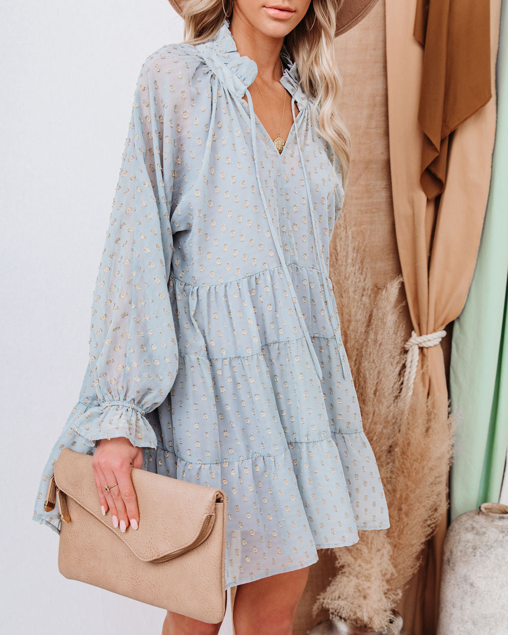 Split Neck Long Sleeve Tiered Mini Dress