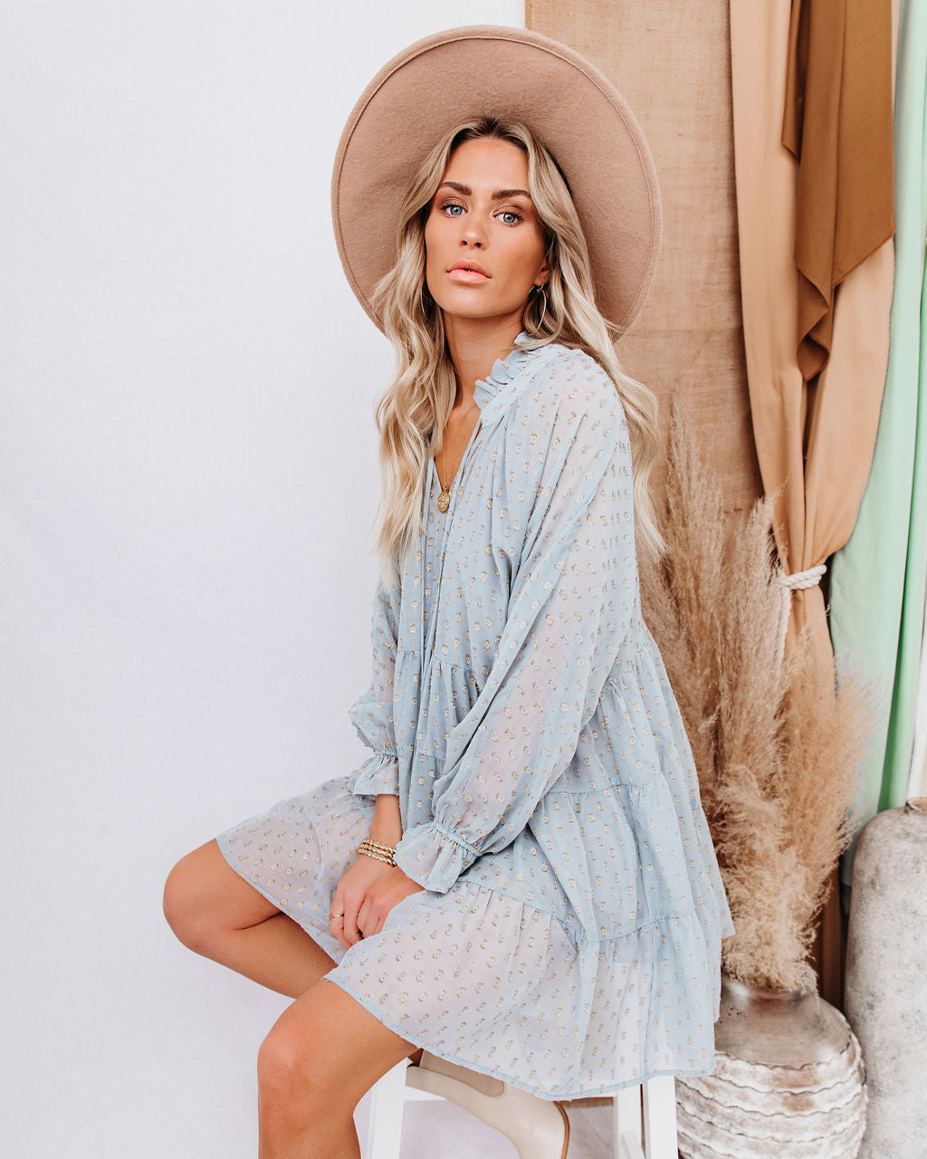 Split Neck Long Sleeve Tiered Mini Dress