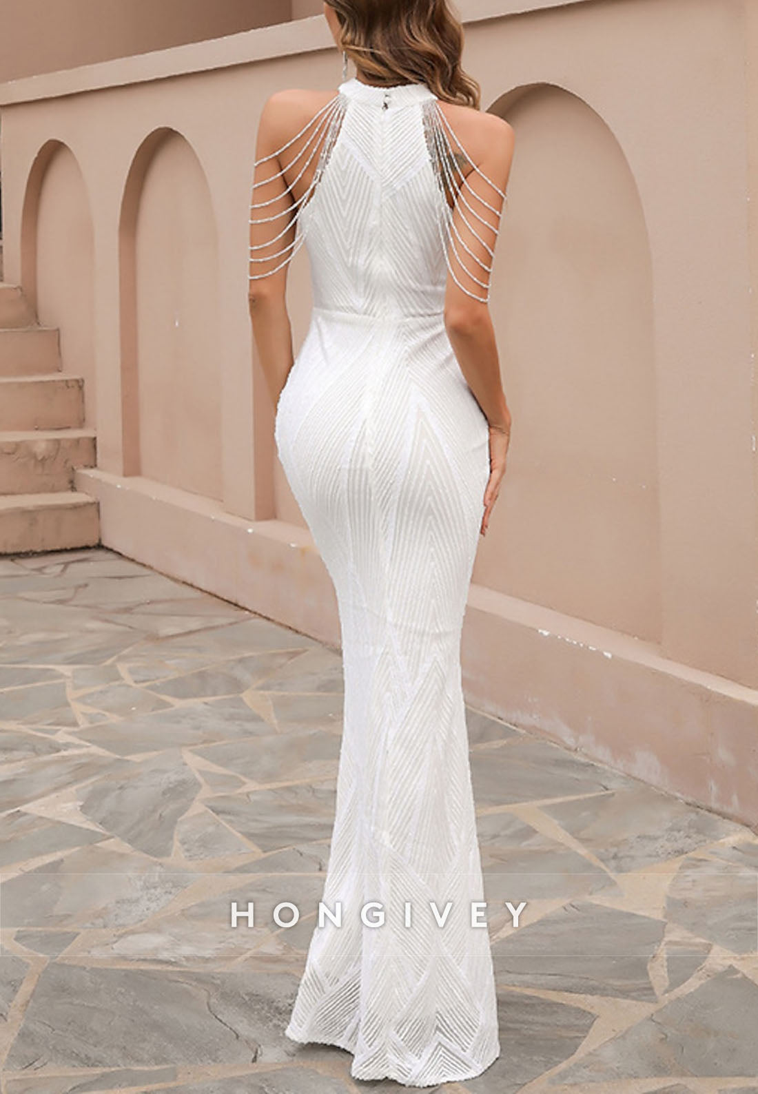 Floor-Length Halter Sleeveless Pleated Mermaid Evening Gown - Fashionpara