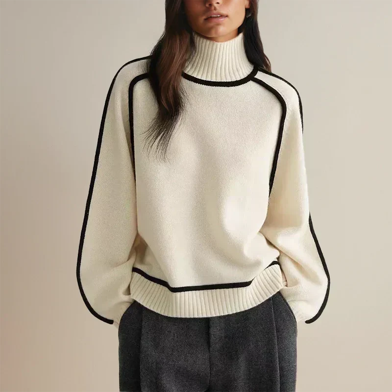Turtleneck Long Sleeve Contrast Piped Oversized Sweater 8