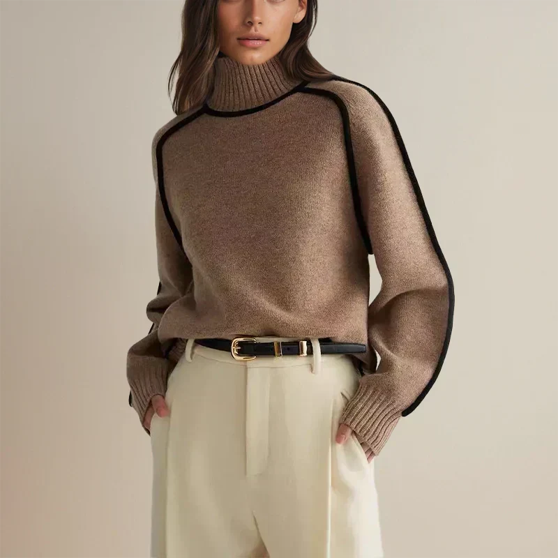 Turtleneck Long Sleeve Contrast Piped Oversized Sweater 7