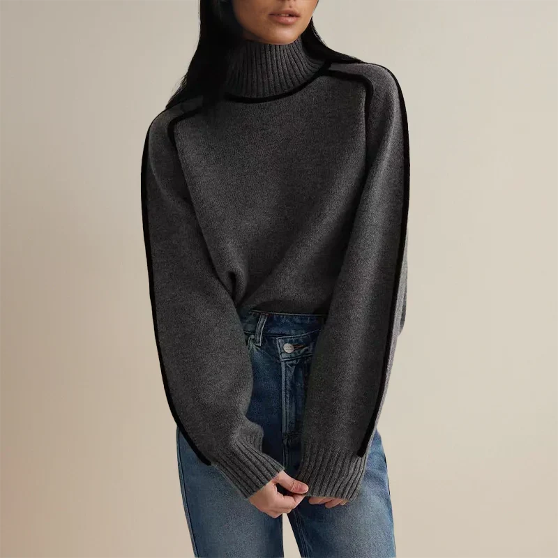 Turtleneck Long Sleeve Contrast Piped Oversized Sweater 9