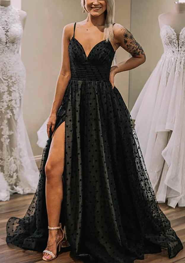 Amazing A-Line V-Neck Prom Dress/Evening Dress with Spaghetti Straps and Tulle Split Skirt - Fashionpara