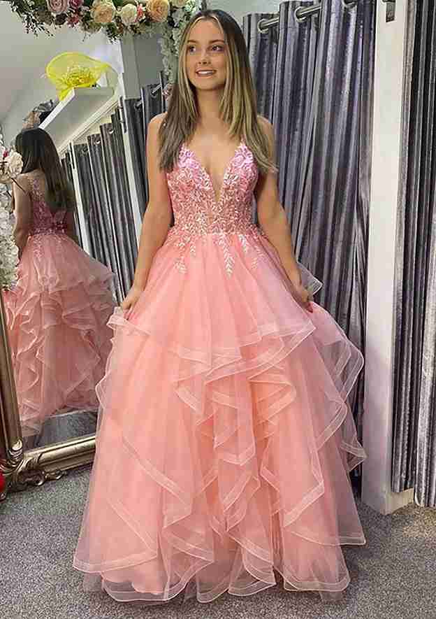Amazing A-Line V-Neck Sleeveless Long Tulle Prom Dress/Evening Dress with Appliqued - Fashionpara