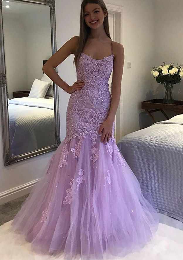 Amazing Laced Prom Dress/Evening Dress - Trumpet/Mermaid V-Neck Spaghetti Straps Long/Floor-Length With Beading - Fashionpara