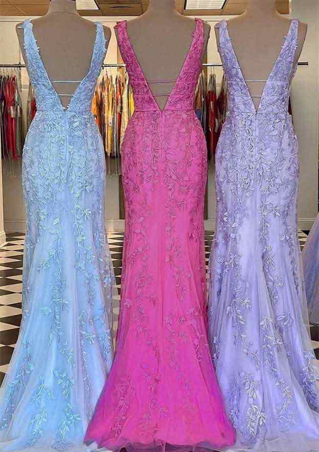 Amazing Laced Tulle Prom Dress/Evening Dress with Beading - Sheath/Column V-Neck Sleeveless Long/Floor-Length - Fashionpara