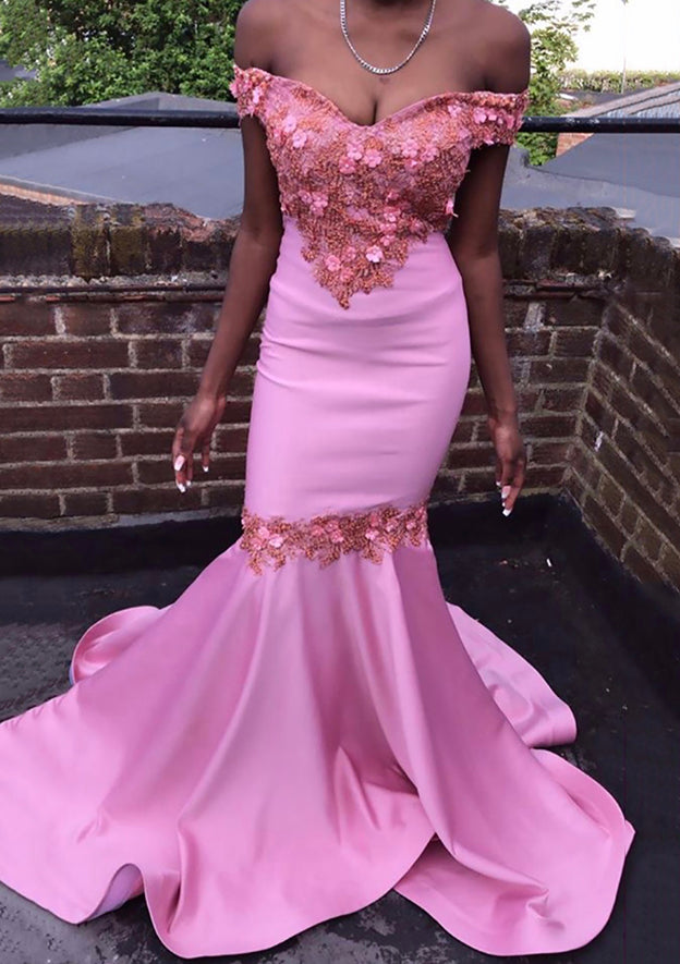 Amazing Off-the-Shoulder Court Train Prom Dress/Evening Dress with Beading Flowers and Trumpet/Mermaid Silhouette - Fashionpara