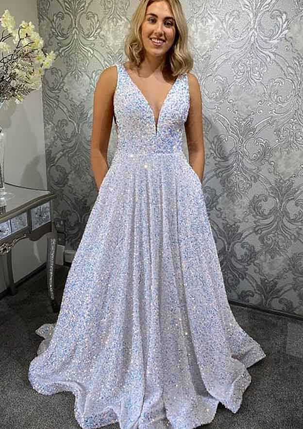 Amazing Princess A-Line V-Neck Sleeveless Velvet Sequins Long Prom Dress/Evening Dress With Pockets - Fashionpara