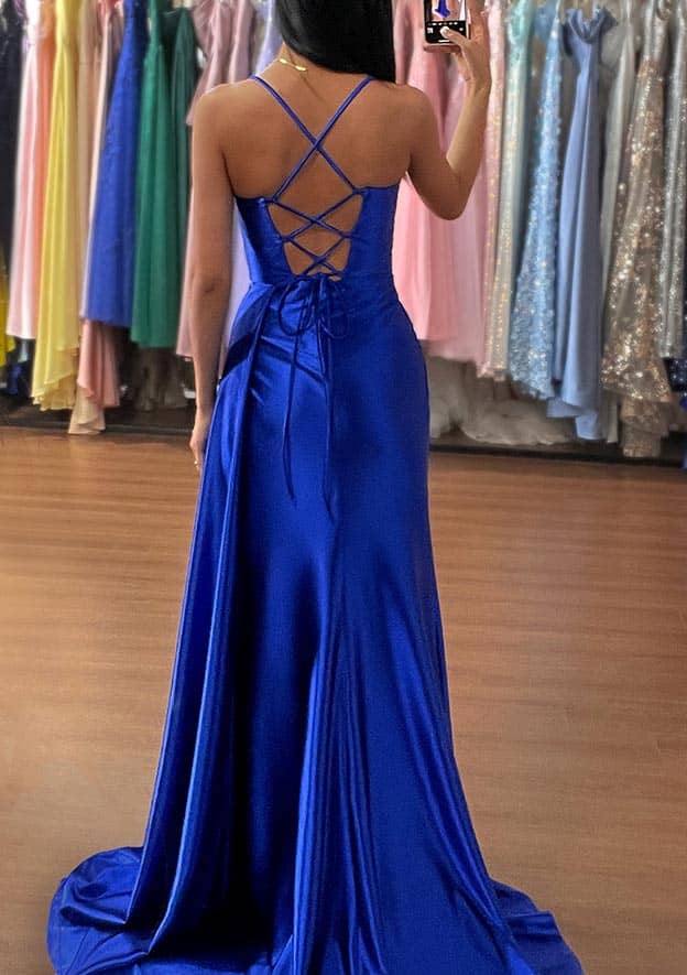 Amazing Satin Sweetheart Trumpet/Mermaid Prom Dress/Evening Dress with Ruched Sleeveless Sweep Train - Fashionpara