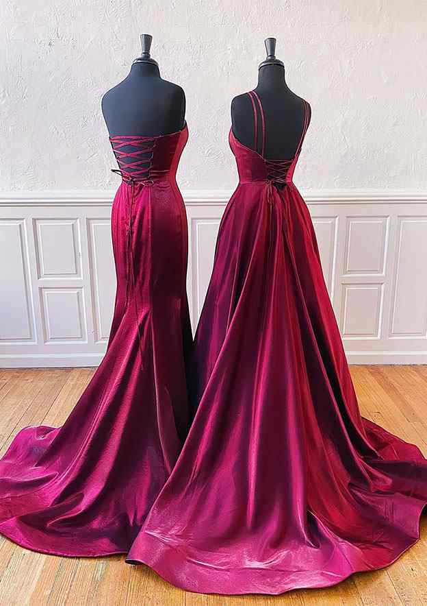Amazing Satin Trumpet/Mermaid Sleeveless Split A-Line Prom Dress/Evening Dress with Sweep Train - Fashionpara