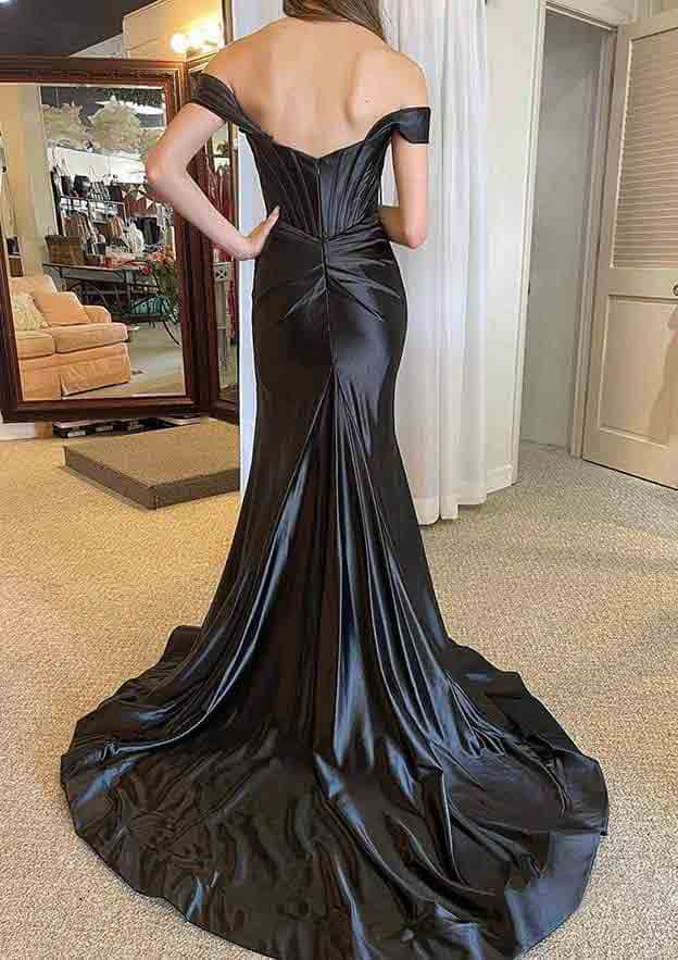 Amazing Satin Trumpet/Mermaid Split Prom Dress/Evening Dress with Off-the-Shoulder Straps and Pleated Court Train - Fashionpara