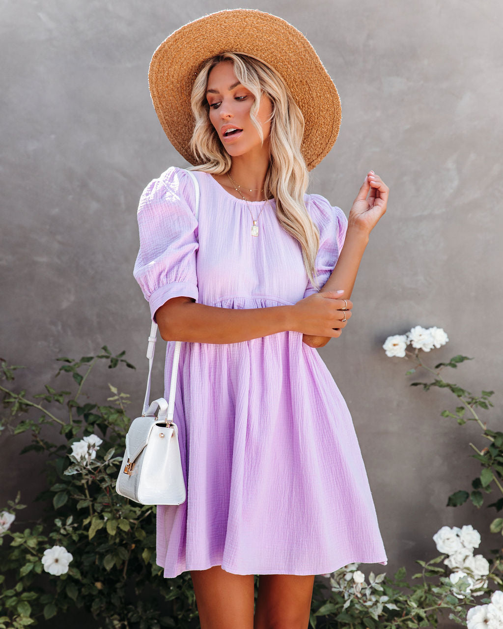 Amber Cotton Pocketed Puff Sleeve Dress - Lavender - Fashionpara