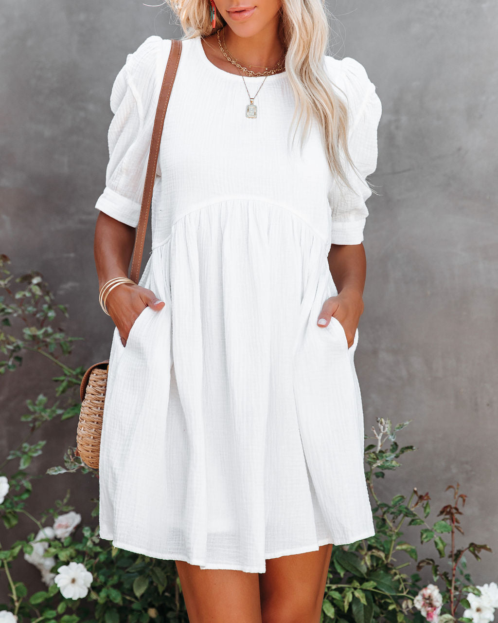 Amber Cotton Pocketed Puff Sleeve Dress - White - Fashionpara