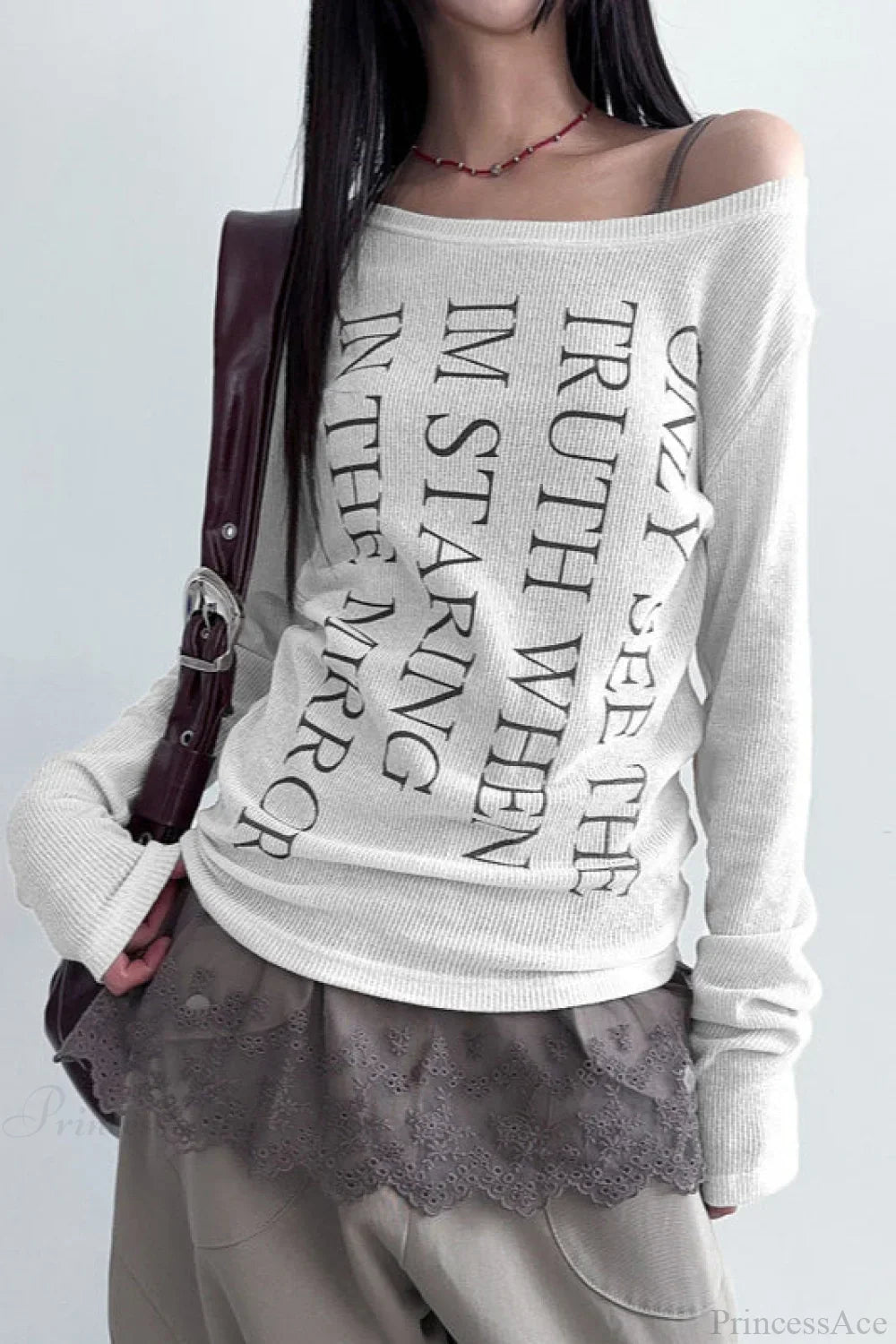 American Retro Oblique Collar Letter Print Long Sleeve Tee