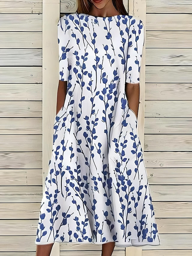 Ditsy Floral Boat Neck Short Sleeve Pocket Midi Dress 2