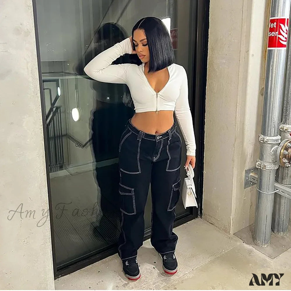 Amy Fashion - 2024 High Waist Elastic Loose Black Comfortable For Casual Fashion Female Baggy Denim Jean