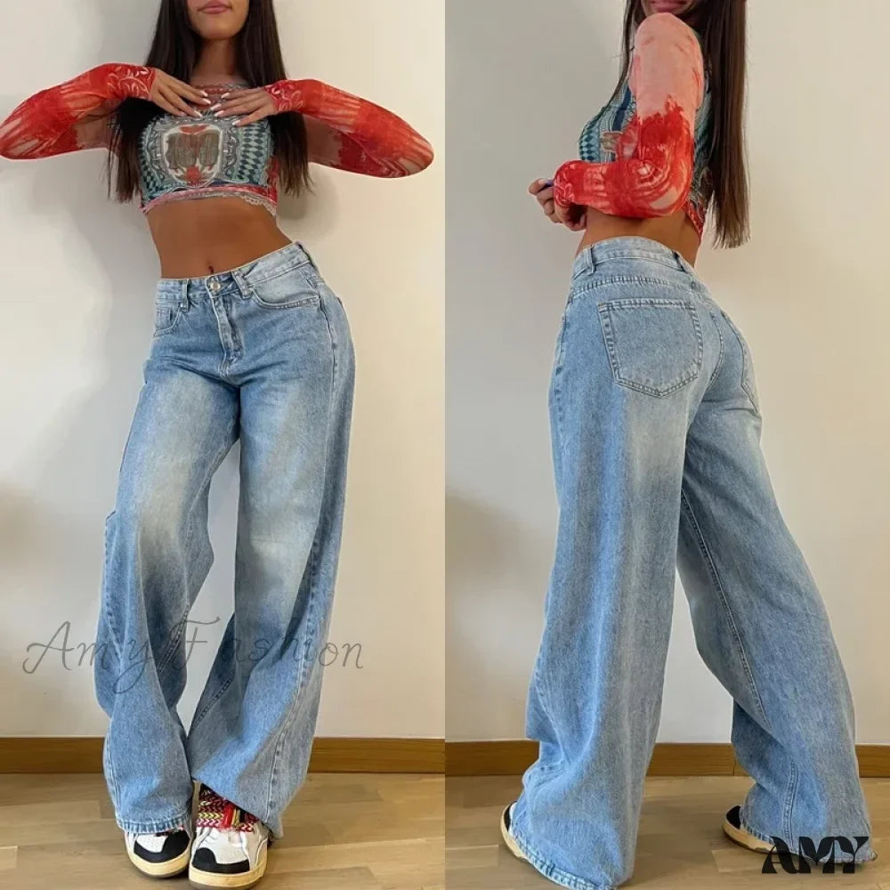 Amy Fashion - Baggy Straight Autumn Y2K Korean Streetwear High Waist Casual Denim Fashionable Jean