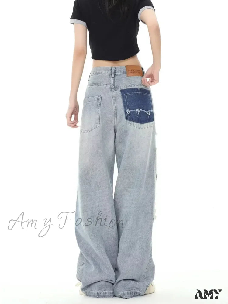 Amy Fashion - Broken Hole Patch Summer Crowd High Waist Loose Straight Leg Women's Jean