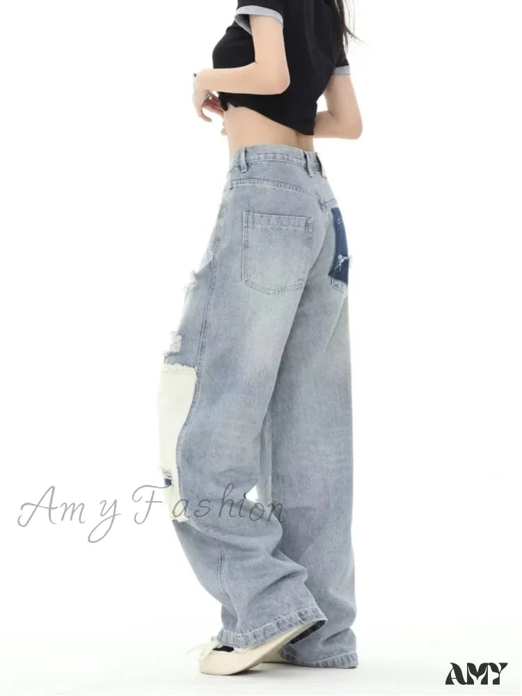 Amy Fashion - Broken Hole Patch Summer Crowd High Waist Loose Straight Leg Women's Jean