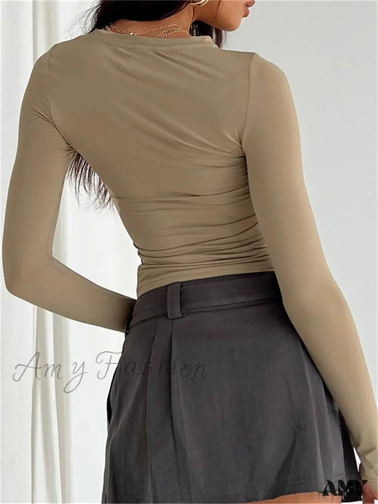 Amy Fashion - Casual Long Sleeve Solid Slim Fit Pullovers T-shirts