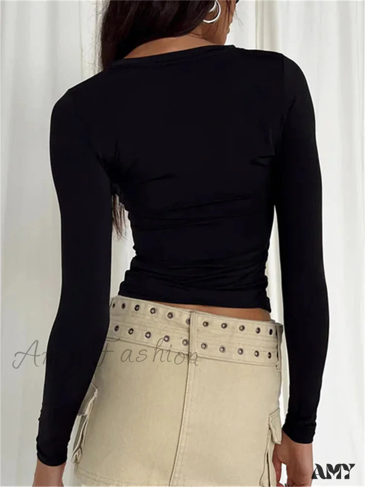 Amy Fashion - Casual Long Sleeve Solid Slim Fit Pullovers T-shirts