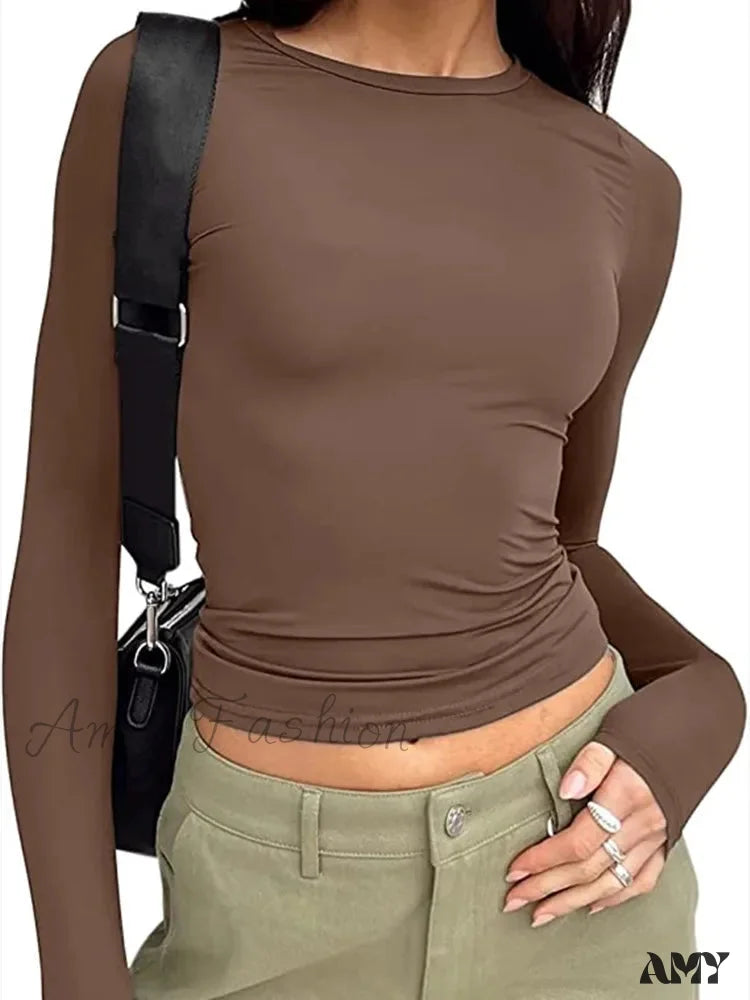 Amy Fashion - Casual Long Sleeve Solid Slim Fit Pullovers T-Shirts Brown / S