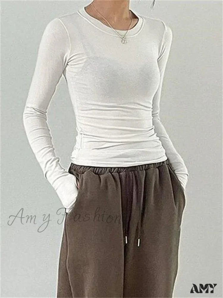 Amy Fashion - Casual Slim Fit Long Sleeve O-Neck Tops Spring Fall T-shirts