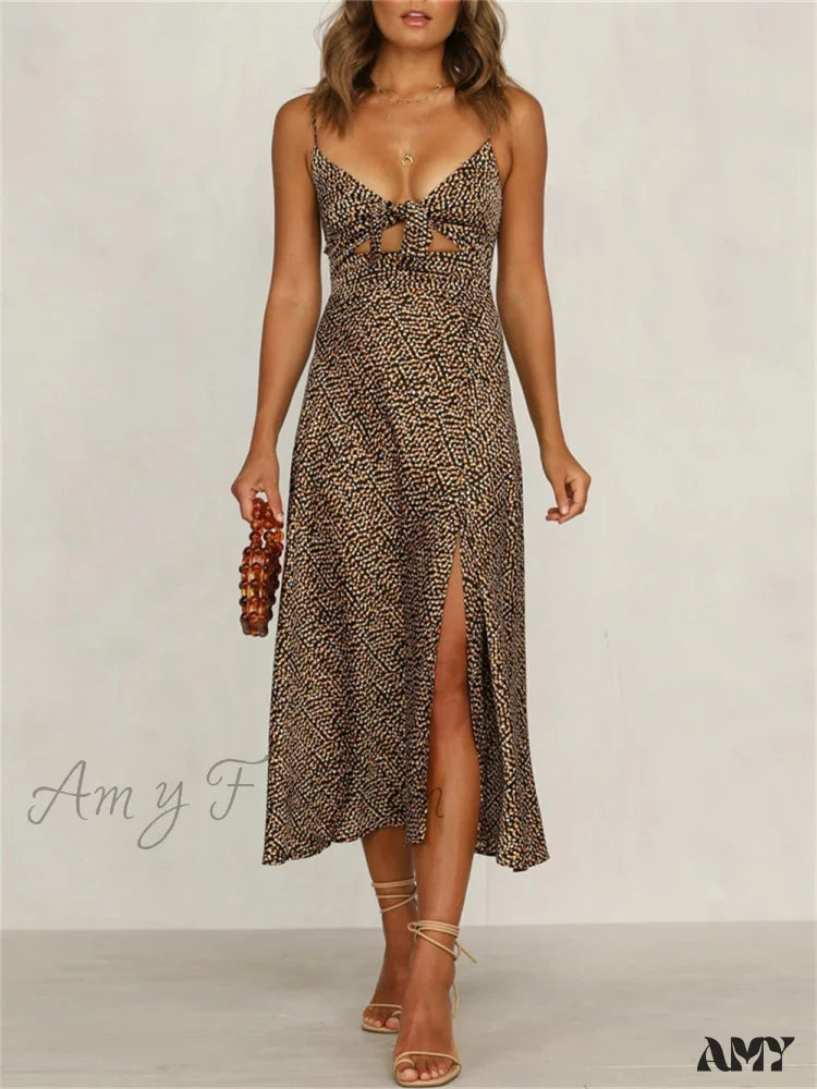 Amy Fashion - Dot Sling Knotted Sexy Hollow Dress