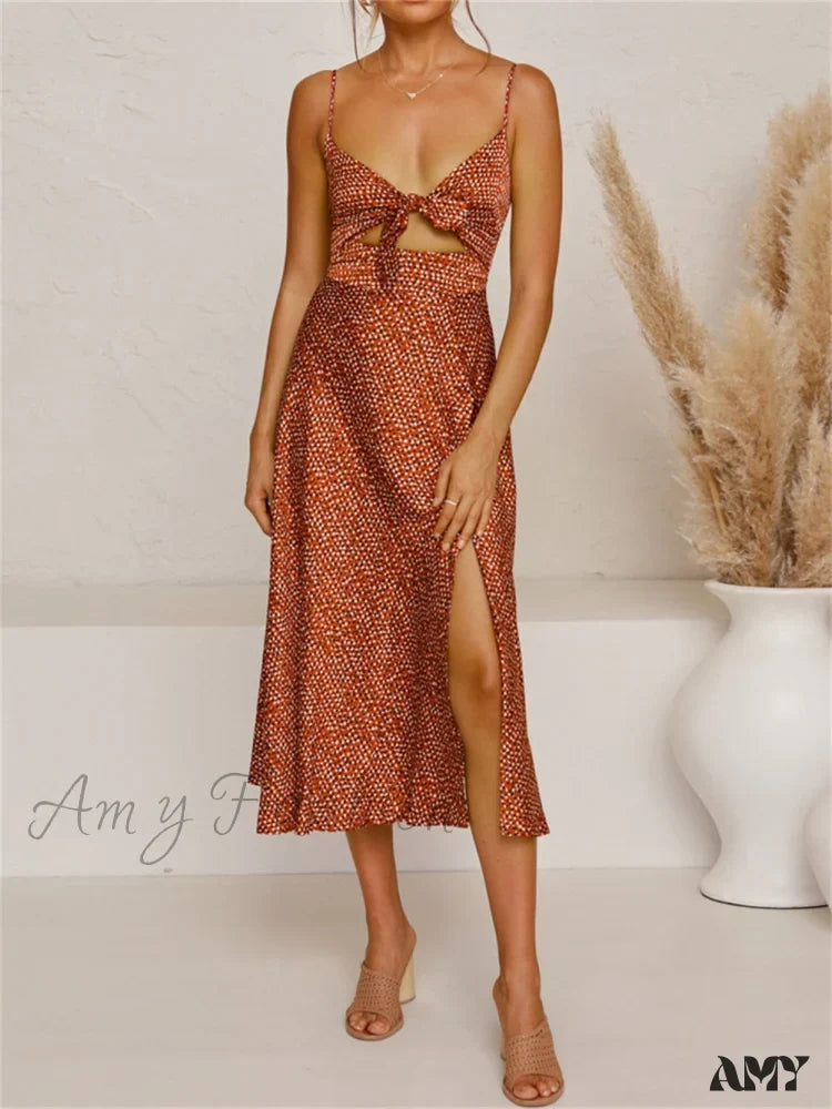 Amy Fashion - Dot Sling Knotted Sexy Hollow Dress Red / S