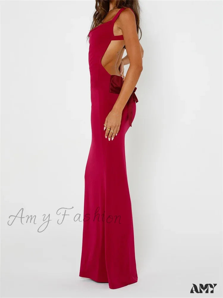 Amy Fashion - Elegant Women Bow Patchwork  Sleeveless V-neck Low Cut Backless Solid Cocktail Party Formal Vestidos