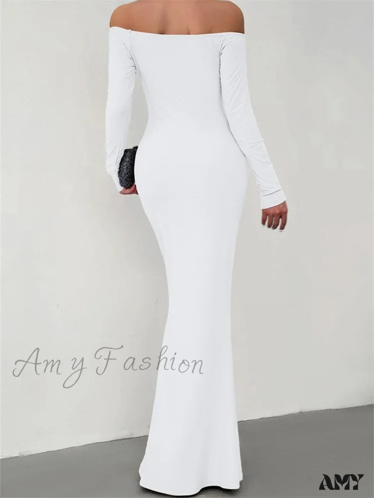 Amy Fashion - Elegant Women  Sleeve  Trumpet Solid Slash Neck Off-Shoulder Party Beach Cocktail Club Streetwear