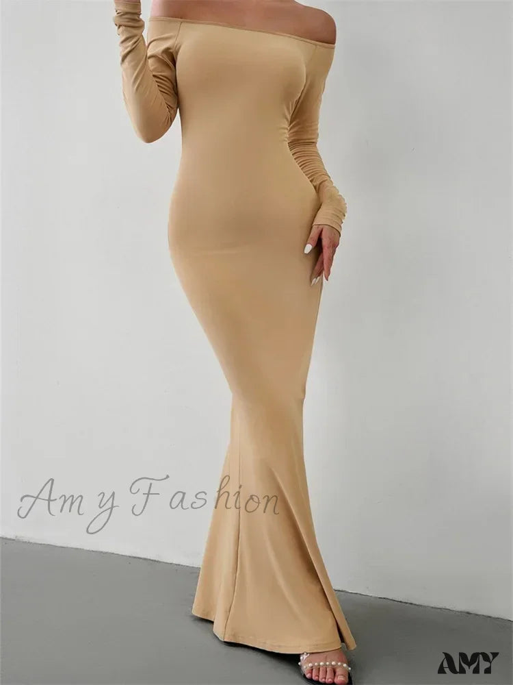 Amy Fashion - Elegant Women  Sleeve  Trumpet Solid Slash Neck Off-Shoulder Party Beach Cocktail Club Streetwear