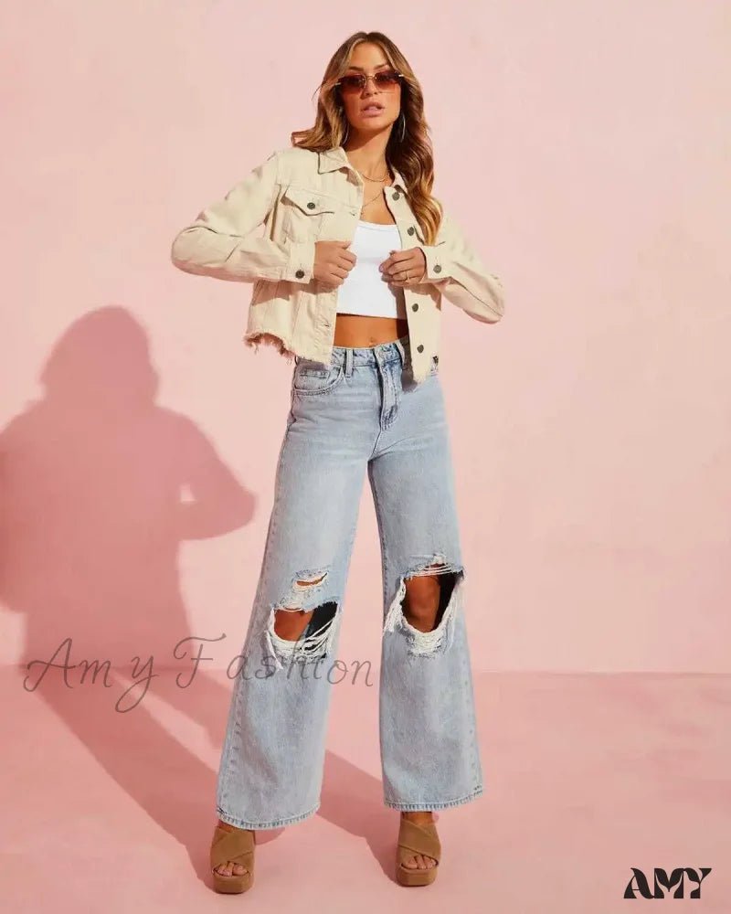 Amy Fashion - Fall High Waist Ripped New Blue Streetwear Casual Wide Leg Baggy Trendy Fashionable Denim Jean