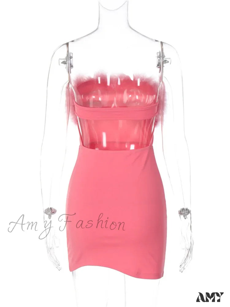 Feather-Trim Strapless Bodycon Pencil Mini Dress 6