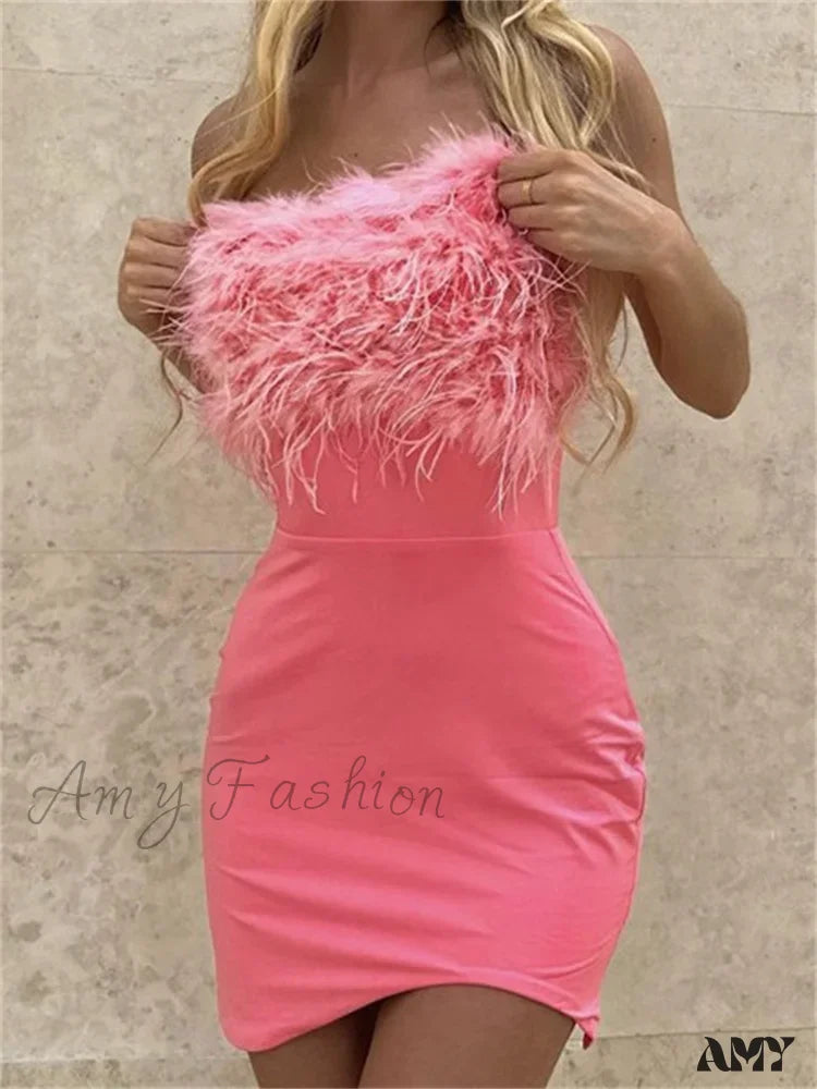 Feather-Trim Strapless Bodycon Pencil Mini Dress 2