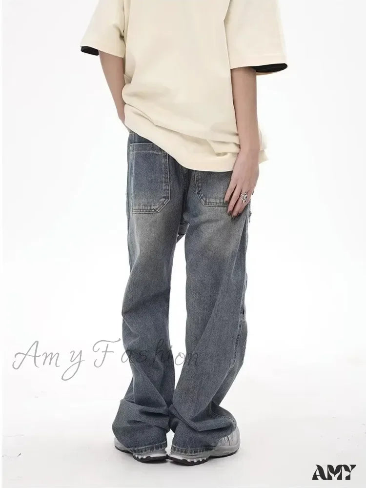 Amy Fashion - High Street Fashion Brand Made Old Wash Zipper Pocket Woodcut Vintage Loose Straight Leg Jean