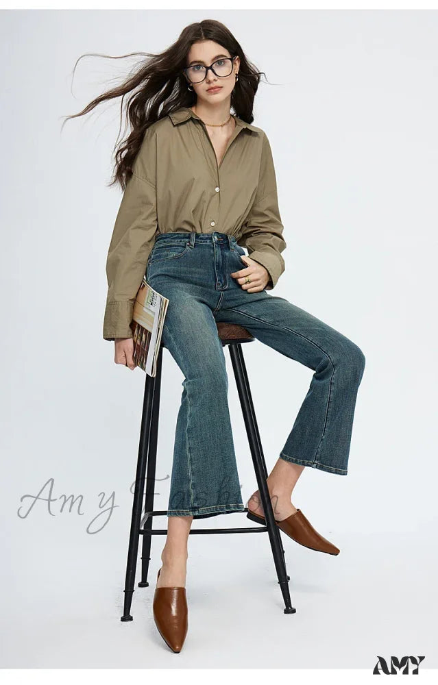 Amy Fashion - High Waisted Flare Skinny Strench Vintage Streetwear Denim 2024 Korean Fashion New Jean