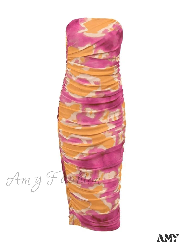 Tie-Dye Print Strapless Ruched Bodycon Maxi Dress 6