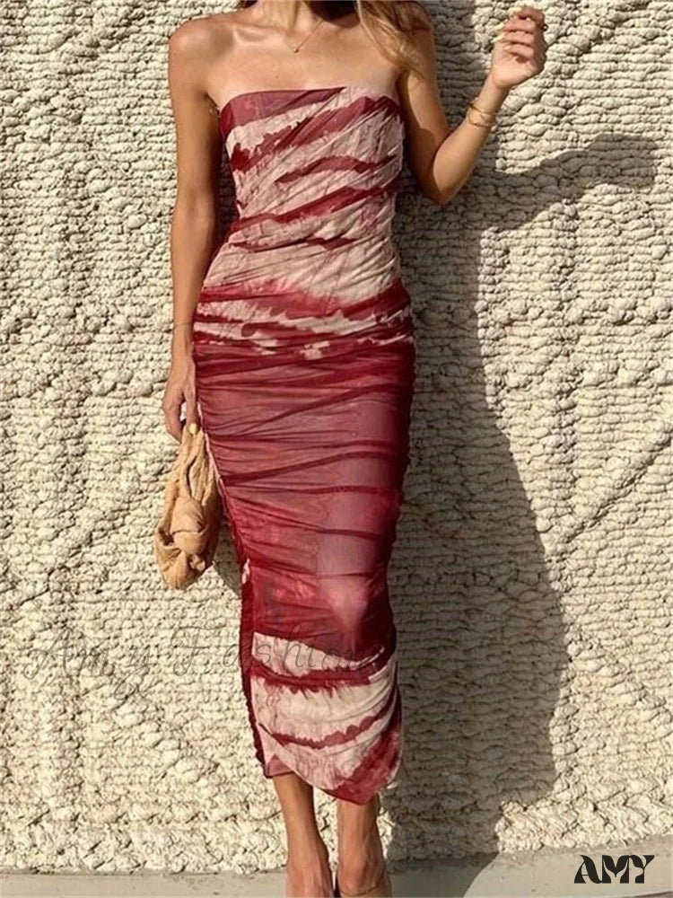 Tie-Dye Print Strapless Ruched Bodycon Maxi Dress 2