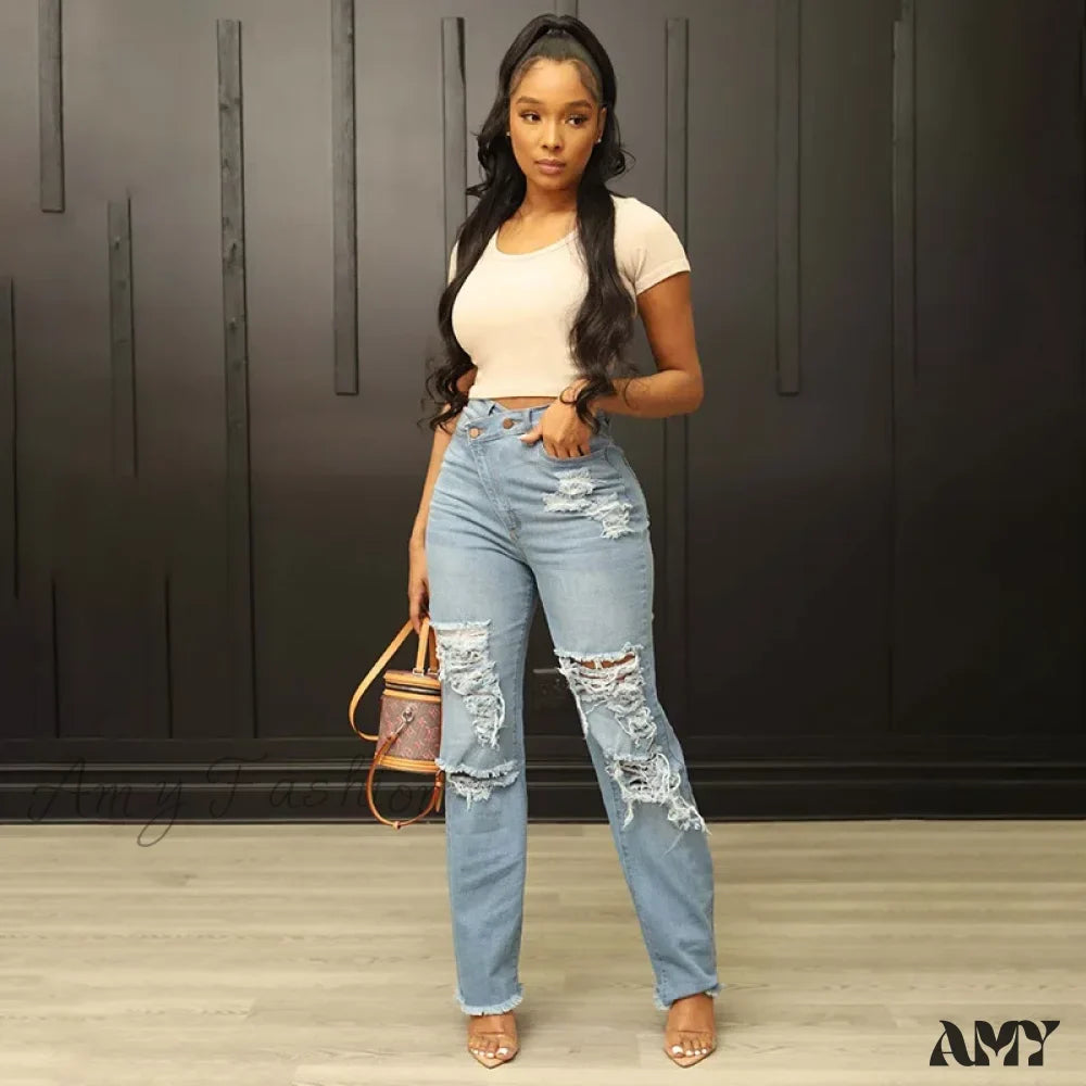 Amy Fashion - Irregular Waist Straight Leg High Street Loose Ripped Holes Casual Fashion Stretchy Jean