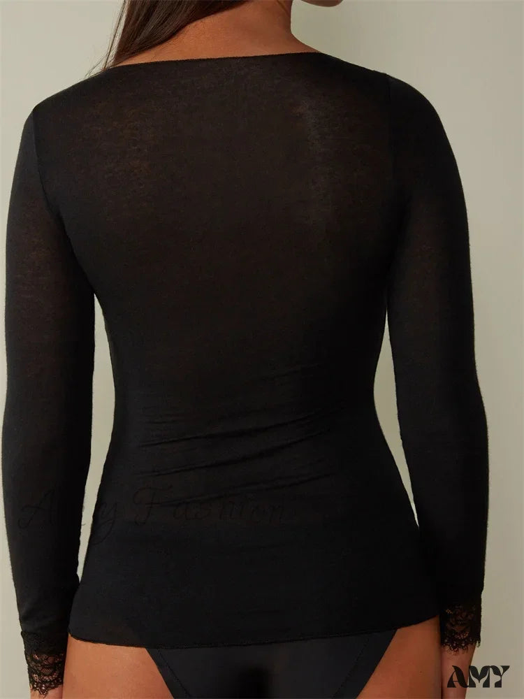 Amy Fashion - Lace Patchwork Long Sleeve V-neck Casual T-shirts