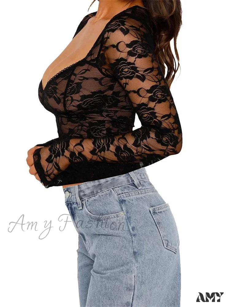 Amy Fashion - Long Sleeve Casual Lace Floral Mesh Sheer Pullover T-shirts