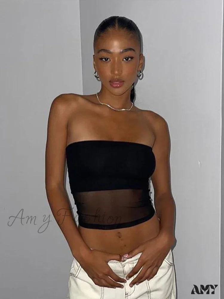 AMY FASHION - Mesh Patchwork Sexy Off Shoulder Slim Tank Crop Top