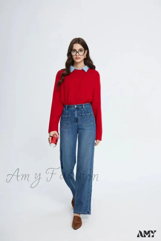 Amy Fashion - Pockets Women Temperament High Waist Straight Denim Pant Females Vintage Simple Streetwear Washed Chic 2024 New Jean