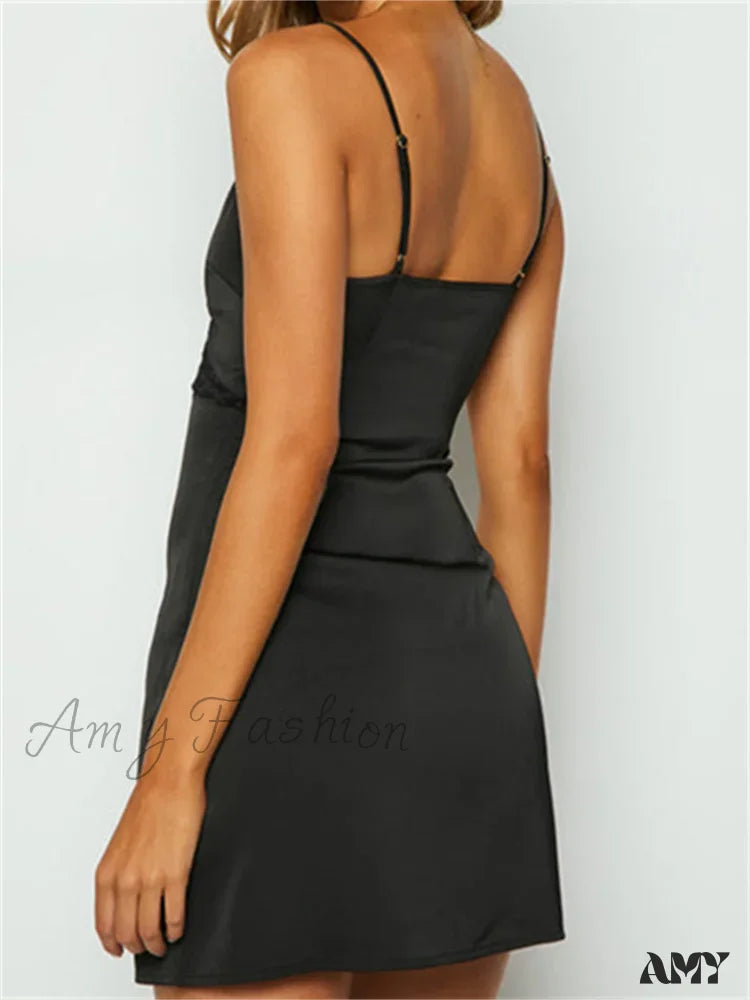 Satin V-Neck Lace Trim Cut-Out Slip Mini Dress 3