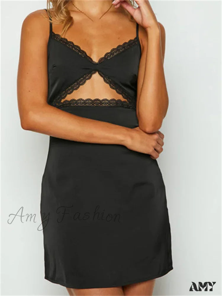 Satin V-Neck Lace Trim Cut-Out Slip Mini Dress 6
