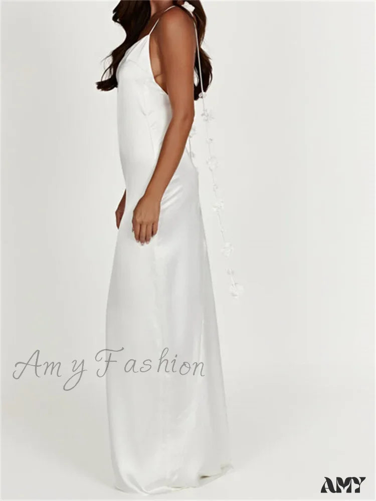 Amy Fashion - Satin Backless Spaghetti Strap  for Women Sexy Backless 3D Flower Tassels Party Cocktail Y2K Vestidos