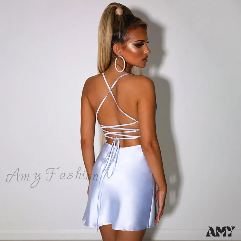 Amy Fashion - Satin V-Neck Spaghetti Strap Mini Party Dresses