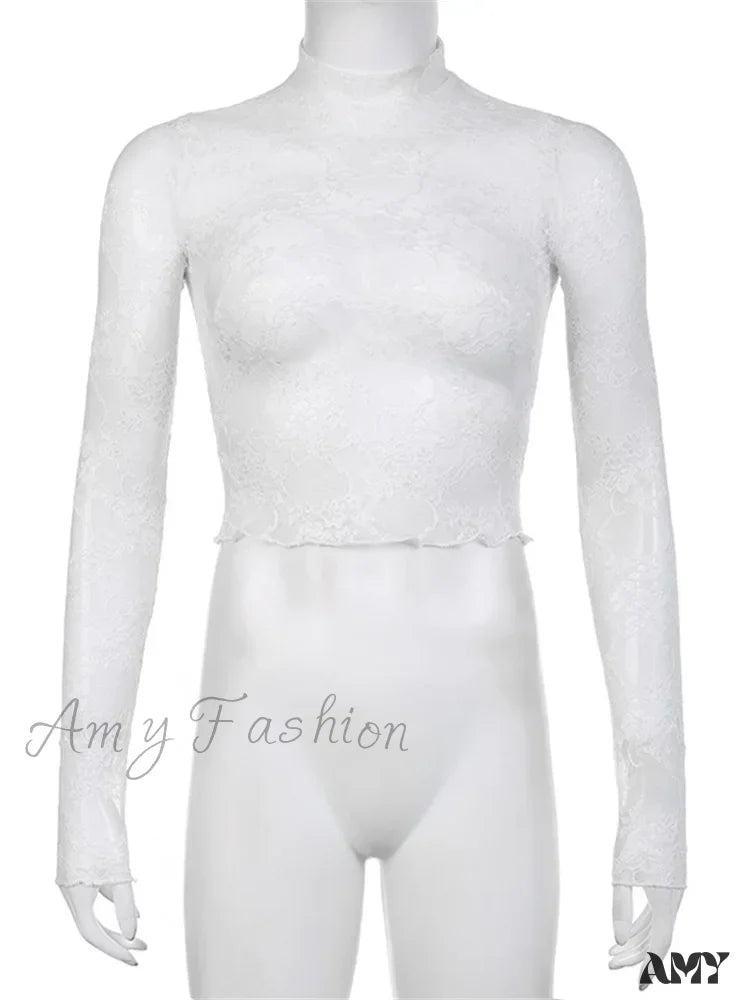 Amy Fashion - See Through Crop Top Long Sleeve High Neck Lace Floral Slim Fit T-shirts