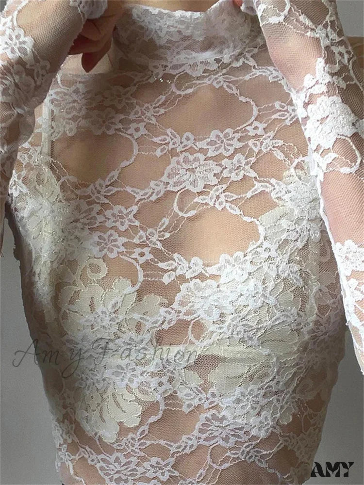 Amy Fashion - See Through Crop Top Long Sleeve High Neck Lace Floral Slim Fit T-shirts